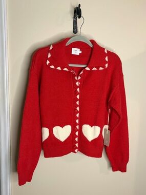 Red Heart-Trim Button Cardigan Sweater #1064